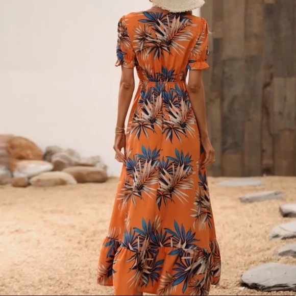 Boho Orange Tropical Print Puff Sleeve Maxi Dress - Picture 4 of 5